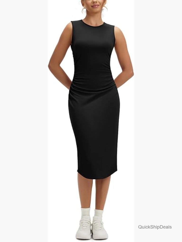 Side Shirred Midi Tank Dress, Crewneck Sleeveless Bodycon